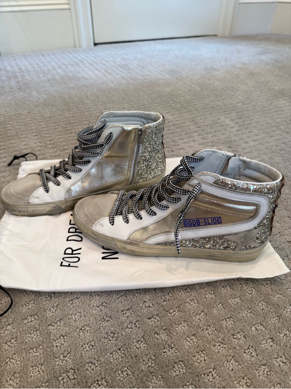 Golden Goose Slide Silver Glitter High-Top Sneakers Size 40/10 AUTHENTIC - Picture 5 of 14